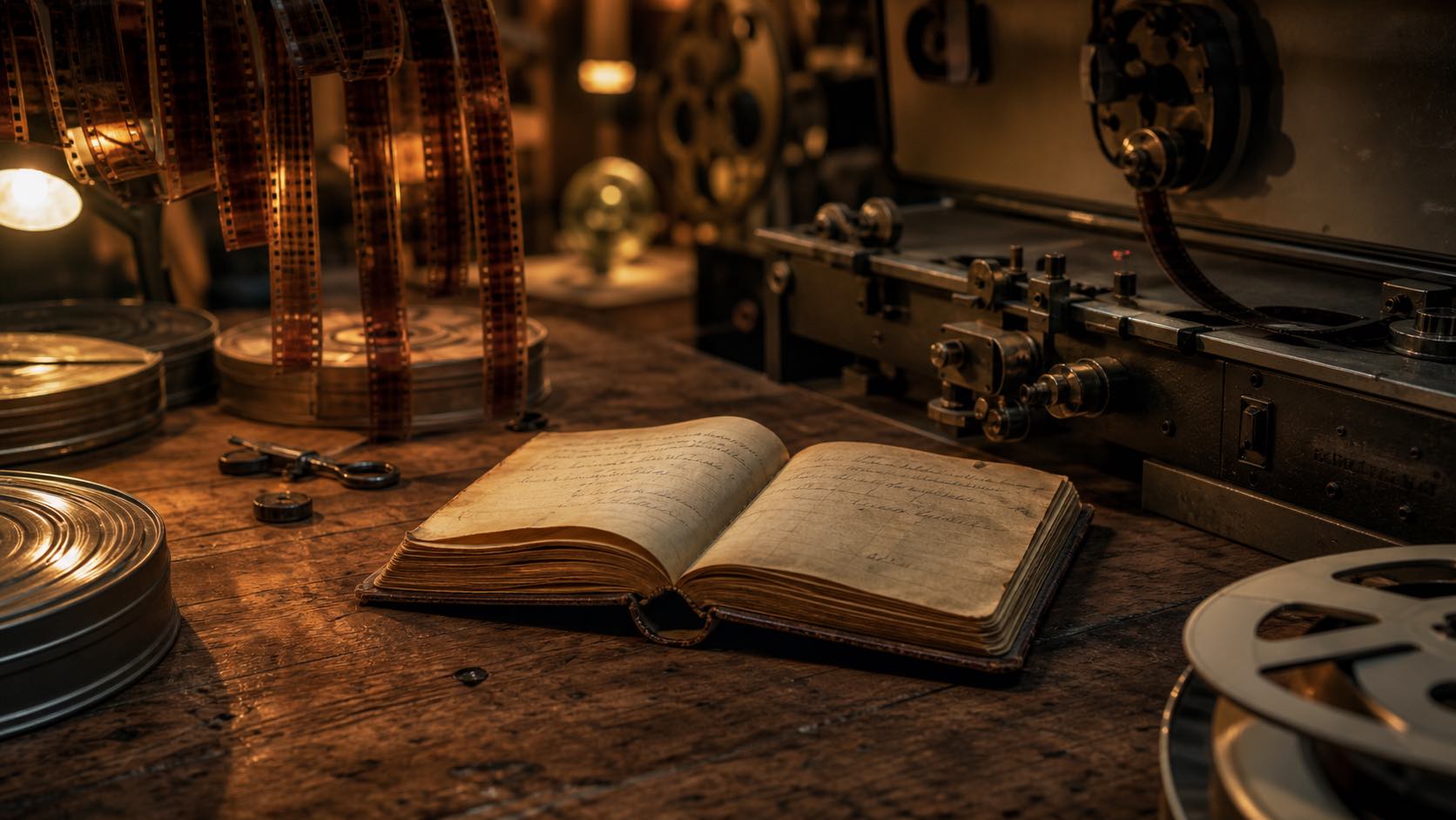 Livre manuscrit ouvert sur une table de montage cinéma, entouré de bobines de pellicule 35 mm