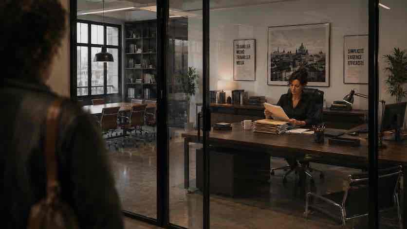 Une directrice littéraire aperçue à travers la vitre de son bureau — Les Lettres de Boron (3)